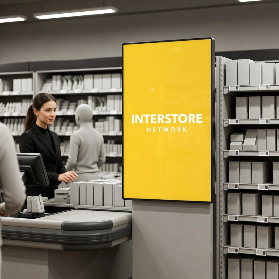 Kupac gleda reklamu na ekranu u prodavnici